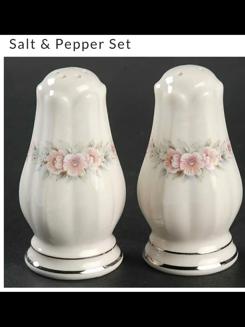 Noritake White Porcelain Salt and Pepper Shakers with Pink Floral Band